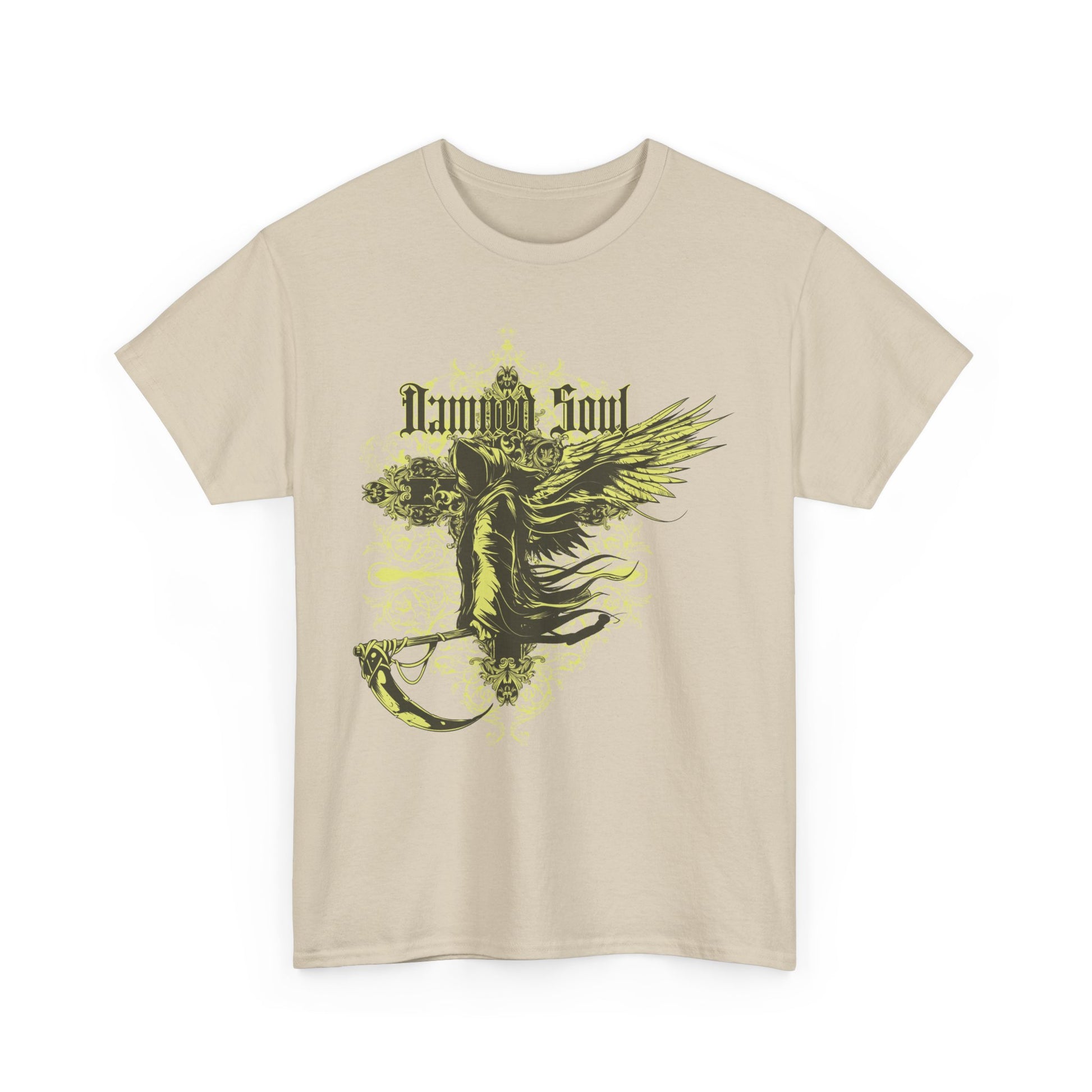 Artistic front view of the Intricate Grim Reaper Men's T-Shirt featuring a gothic graphic design with the phrase 'Damned Soul' in striking detail.