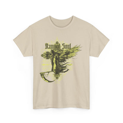 Artistic front view of the Intricate Grim Reaper Men's T-Shirt featuring a gothic graphic design with the phrase 'Damned Soul' in striking detail.