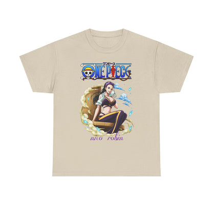 Stylish beige t-shirt showcasing an exquisite depiction of Nico Robin from One Piece, with intricate detailing and a sophisticated aesthetic.