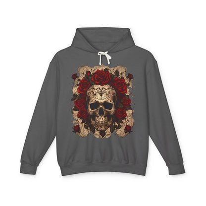 Fashion-forward unisex lightweight hooded sweatshirt showcasing a breathtaking skull and roses motif, highlighted in a contemporary kitchen.