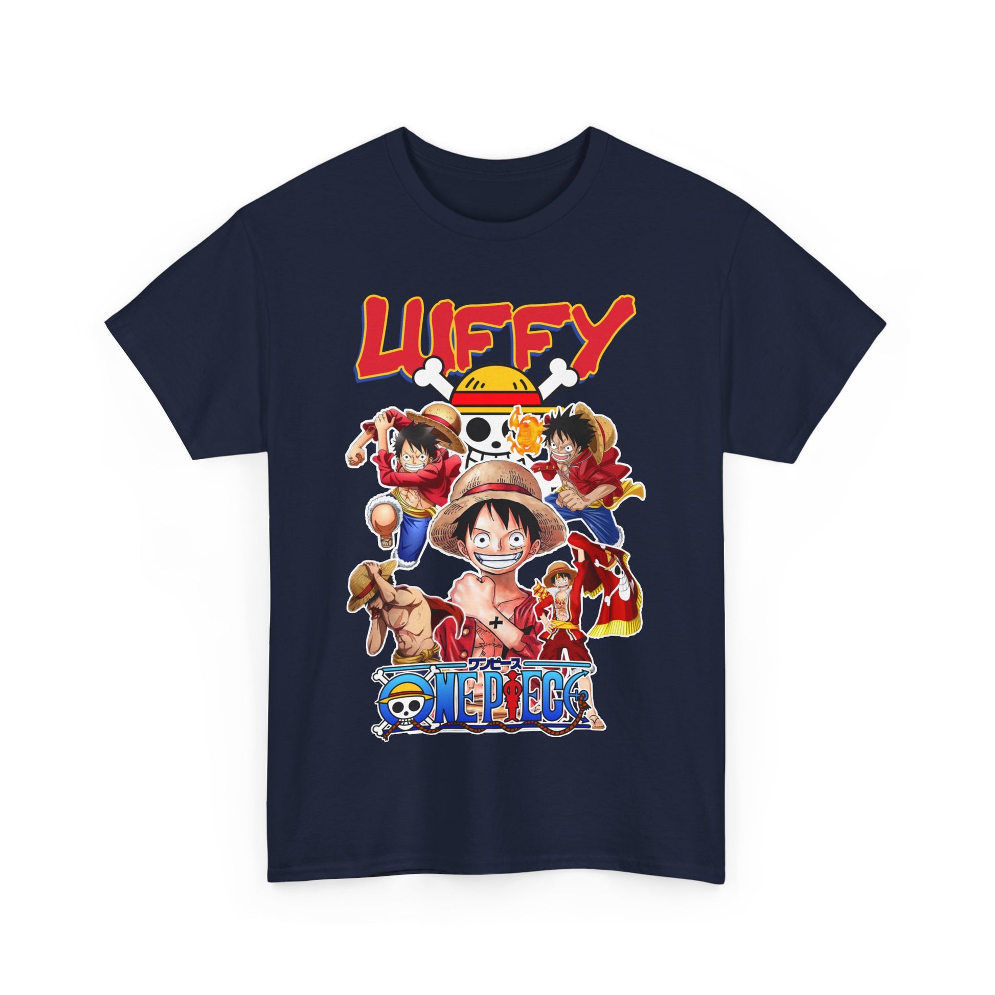 Premium navy T-shirt featuring vibrant and dynamic artwork of iconic anime characters, perfect for fans seeking a blend of comfort and style.
