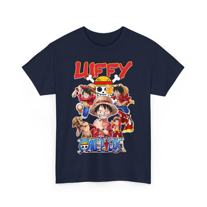 Premium navy T-shirt featuring vibrant and dynamic artwork of iconic anime characters, perfect for fans seeking a blend of comfort and style.