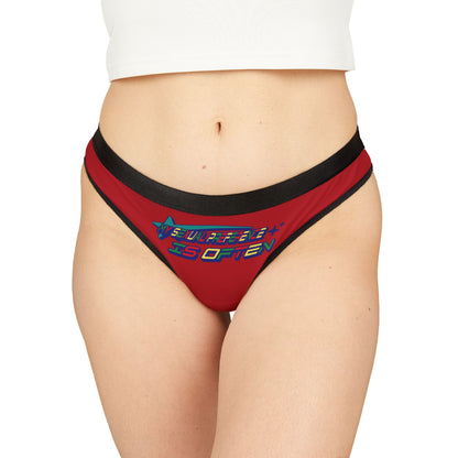 Luxurious red thong panties featuring bold, eye-catching text "MY SEXUAL PREFERENCE IS OFTEN" in vibrant colours, elegantly designed with a sleek black waistband, showcasing confidence and style.