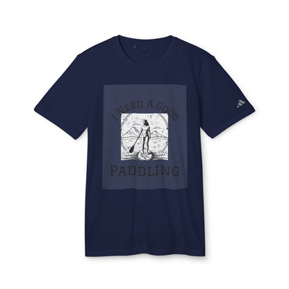Adidas Women's Eco-Friendly Paddleboarders T-Shirt in Navy featuring a stylish graphic print with the phrase 'I NEED A GOOD PADDLING', embodying comfort and sustainability for paddleboarding enthusiasts.