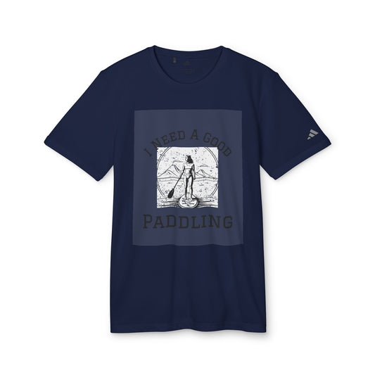 Adidas Women's Eco-Friendly Paddleboarders T-Shirt in Navy featuring a vibrant graphic that reads 'I NEED A GOOD PADDLING', designed for paddleboarding enthusiasts with sustainability in mind.