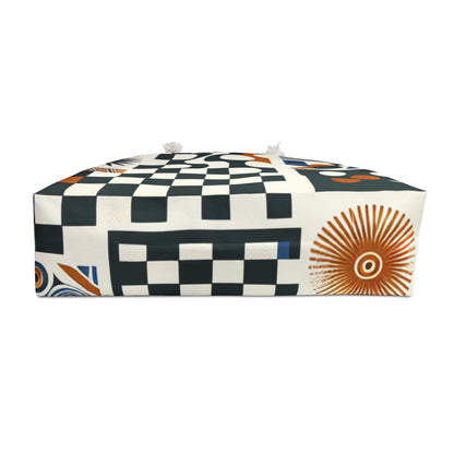 Evelyn Chicane Stylish Weekender Tote Bag by Dazzling Dreams Studio displayed on a vibrant background, emphasising its unique checkerboard patterns and modern design.
