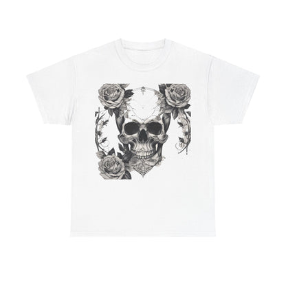 Skulls and Roses Cotton Tee, Unisex Graphic Shirt featuring an intricate skull and rose design on a white background, perfect for alternative fashion.