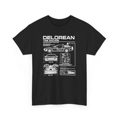 Stylish black t-shirt featuring a detailed blueprint design of the iconic DeLorean time machine, perfect for fans of automotive artistry and cinematic nostalgia.