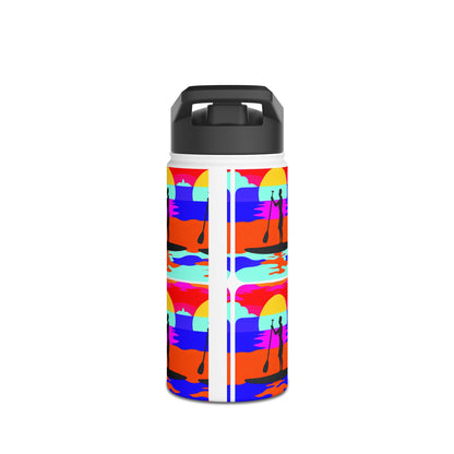 Premium Fantasy Paddleboarding Stainless Steel Water Bottle displaying a stunning design of a paddleboarder against vivid ocean waves, perfect for paddleboarding enthusiasts.