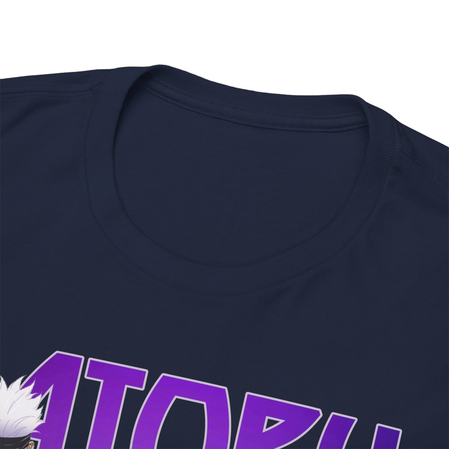 Close-up of the neckline of a luxurious navy blue Gojo Satoru t-shirt from Jujutsu Kaisen, emphasizing the superior fabric and meticulous craftsmanship.