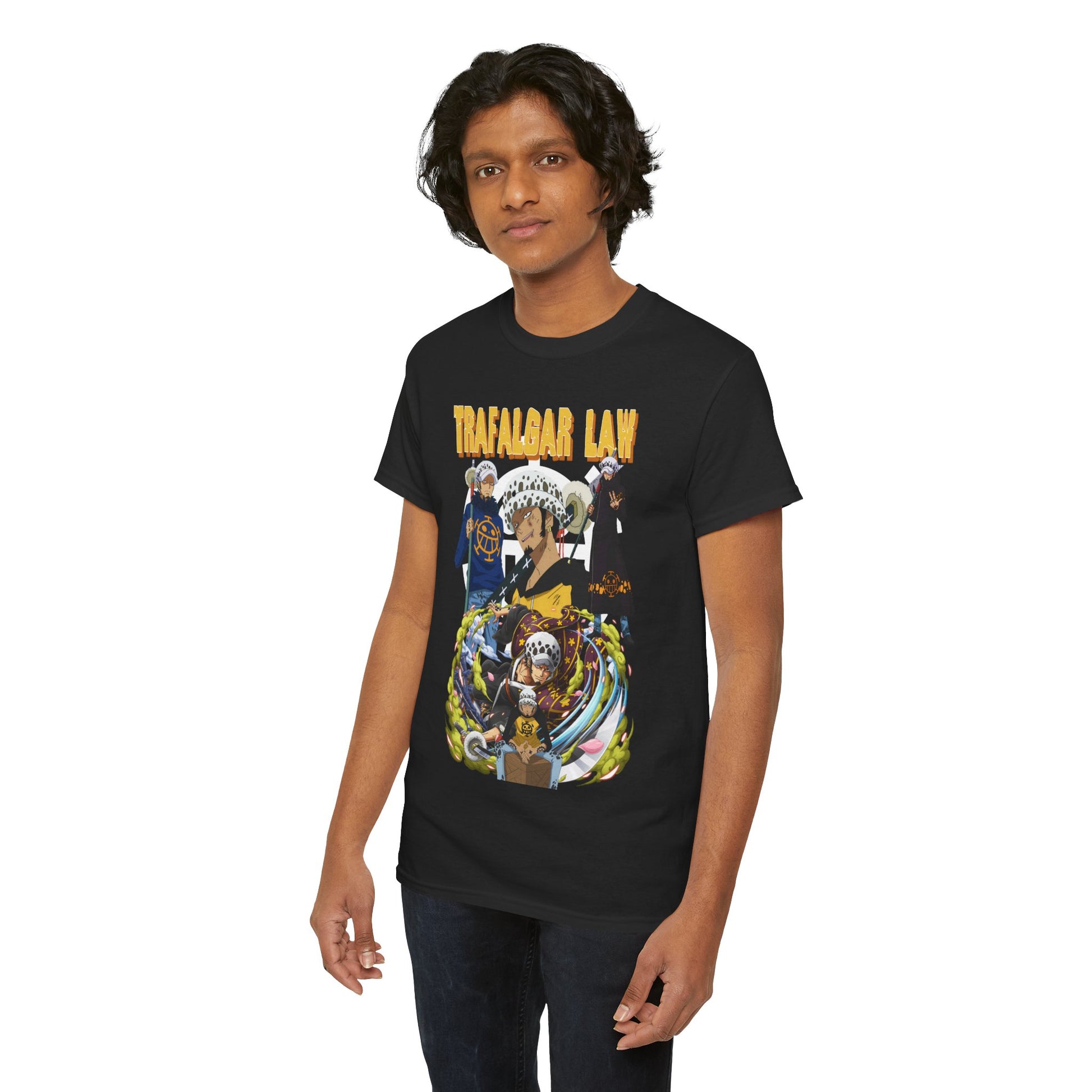 Stylish black T-shirt adorned with an eye-catching illustration of Trafalgar Law from One Piece, exuding a contemporary urban flair for discerning fans.
