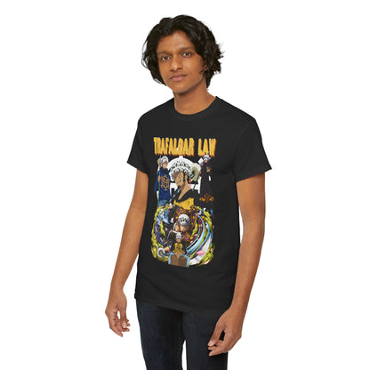 Stylish black T-shirt adorned with an eye-catching illustration of Trafalgar Law from One Piece, exuding a contemporary urban flair for discerning fans.