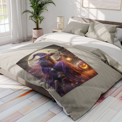 A beautifully styled bed with the Decorative and Warm Halloween Spooky Arctic Fleece Blanket displayed prominently, enhancing the room's Halloween charm.