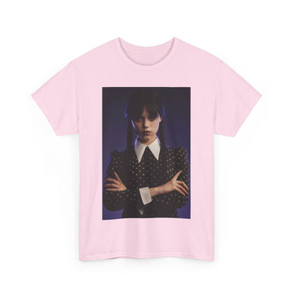Front view of a pink unisex graphic tee embellished with the title 'Wednesday: Embrace the Dark Elegance!' featuring a captivating image of a model in elegant gothic fashion.