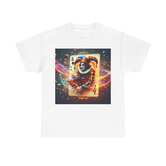 Unisex Harlequin Playing Card Graphic Tee - Premium Quality Cotton Blend T-Shirt featuring a vibrant harlequin pattern and a striking playing card graphic on a white background.