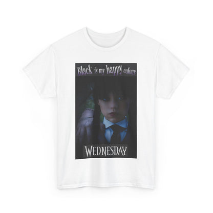 Front view of Wednesday Addams unisex graphic tee featuring Thing, with the quote 'Black is my happy colour,' exuding a touch of luxury for gothic fans.