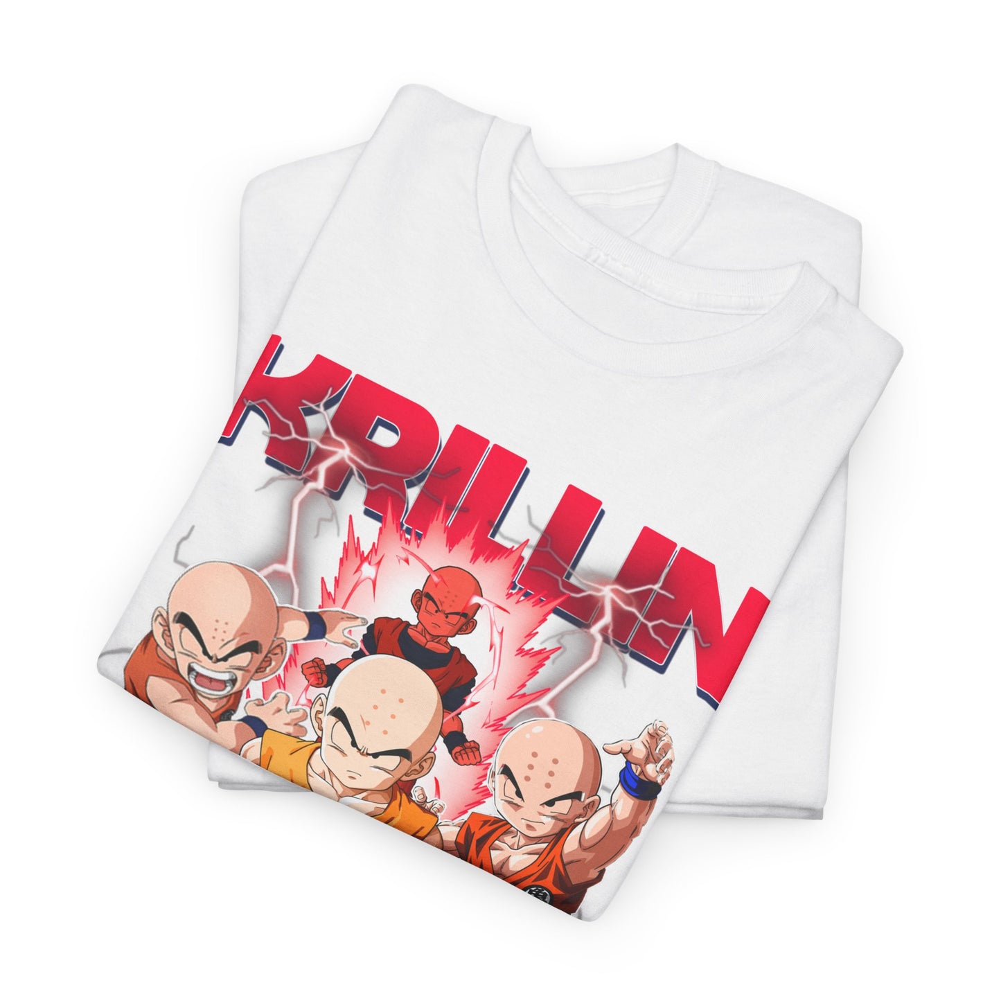 Stylish folded Dragon Ball Z T-shirt displaying characters Krillin and friends, featuring a bold design and rich colours for an eye-catching presentation.