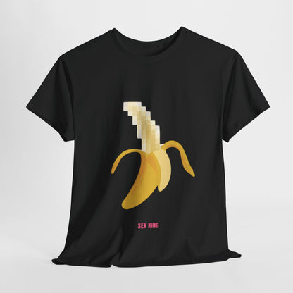Luxurious black graphic t-shirt featuring a pixelated banana design with the text 'SEX KING', embodying artistic whimsy and contemporary style.