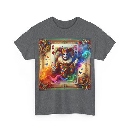 Harlequin Playing Card Graphic Tee front view, artfully displaying a colourful clown in a card-themed design, merging whimsy with modern fashion.