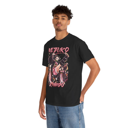 Fashion model wearing a Nezuko Kamado T-shirt, displaying dynamic anime artwork, set against a clean background, appealing to contemporary anime culture.