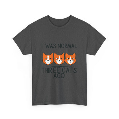Front view of the luxurious Crazy Cat Lady Graphic T-Shirt featuring an artistic graphic with three cats and the phrase 'I Was Normal Three Cats Ago', perfect for stylish cat enthusiasts.