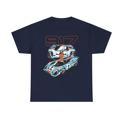 Luxurious navy blue Porsche 917 graphic t-shirt featuring two stunning light-blue race cars with vibrant orange stripes, designed for car enthusiasts.