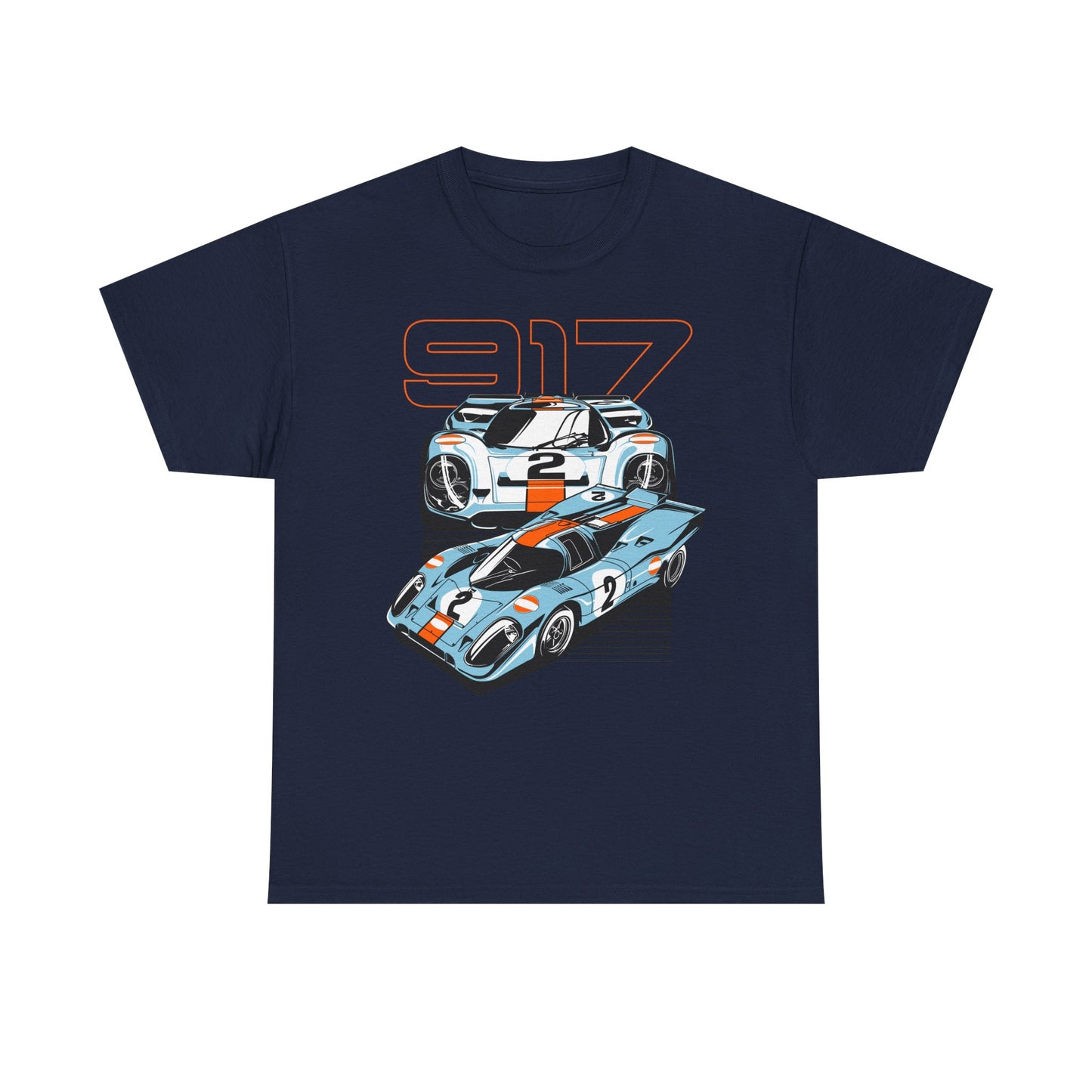 Luxurious Porsche 917 graphic t-shirt featuring two iconic race cars with a sleek design, distinct orange stripes, and the prominent number '917' on a rich navy background.