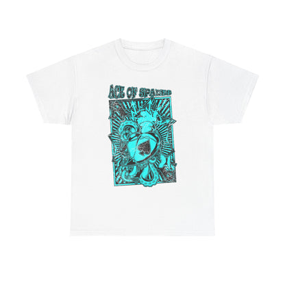 ACE OF SPADES men's t-shirt featuring a bold turquoise graphic design on a white background, showcasing vintage rock aesthetics and an eye-catching heart motif.