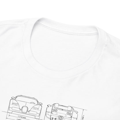 Close-up of the collar and shoulder area of a luxurious white Bugatti Chiron men's t-shirt showcasing an intricate technical design.