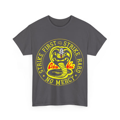 Front view of a stylish grey unisex t-shirt featuring an eye-catching Cobra Kai graphic design, perfect for enthusiasts of luxurious streetwear.