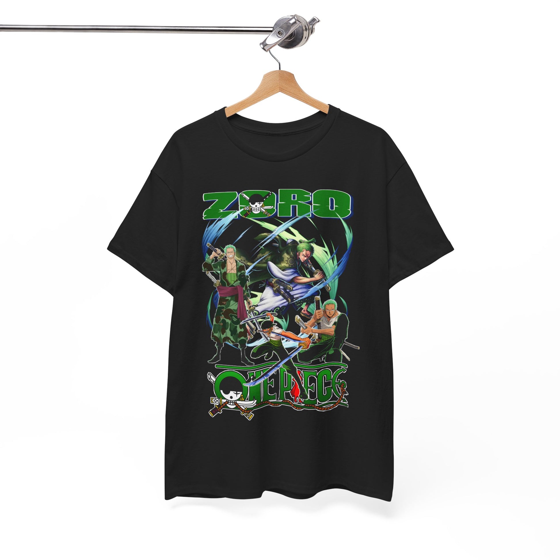 Luxurious black t-shirt featuring vibrant 'Zoro' anime graphic design showcasing iconic characters from One Piece, perfect for any fashion-forward manga enthusiast.