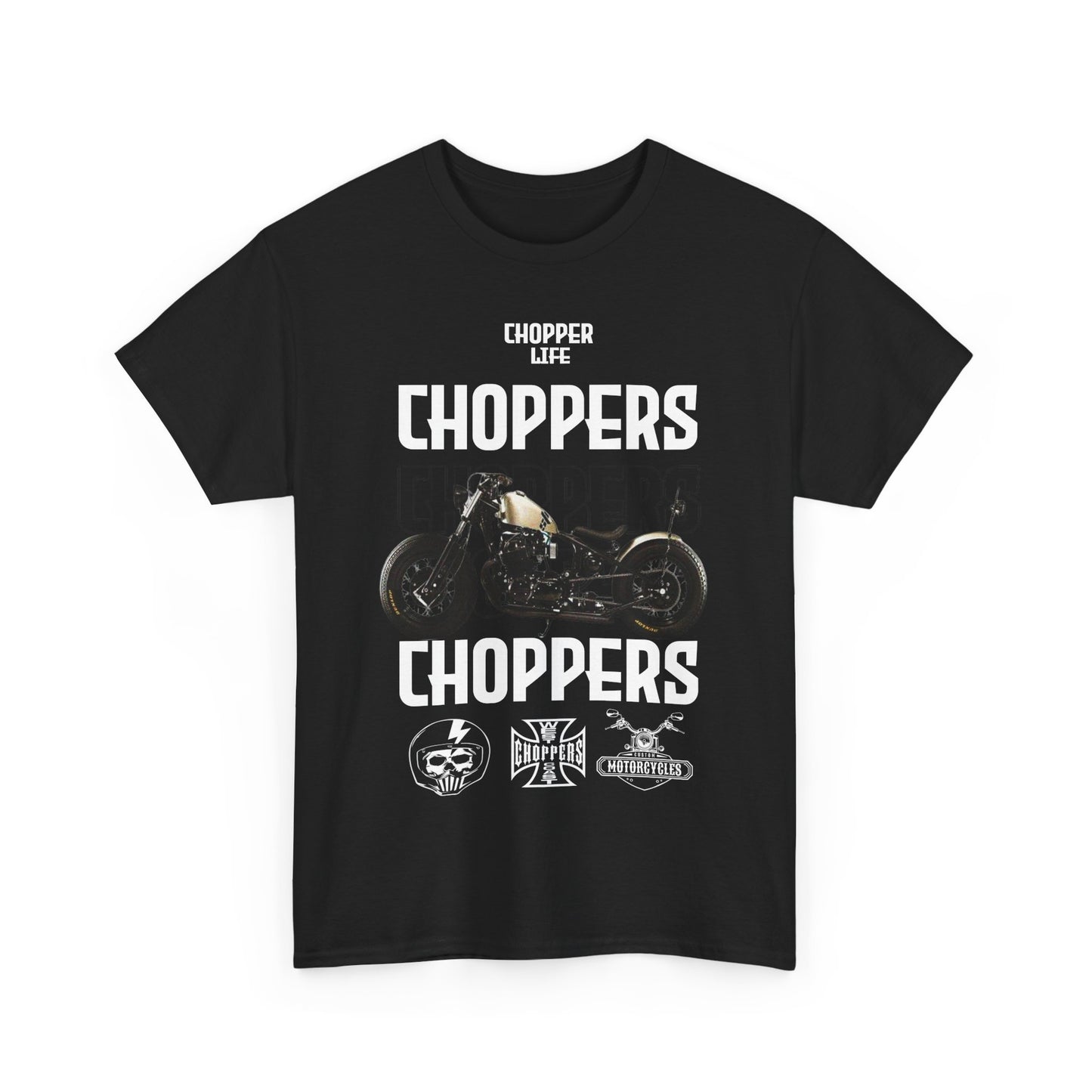 Front view of a striking black men's T-shirt featuring a bold 'CHOPPERS' graphic design, complete with a chopper motorcycle illustration and stylish typography.
