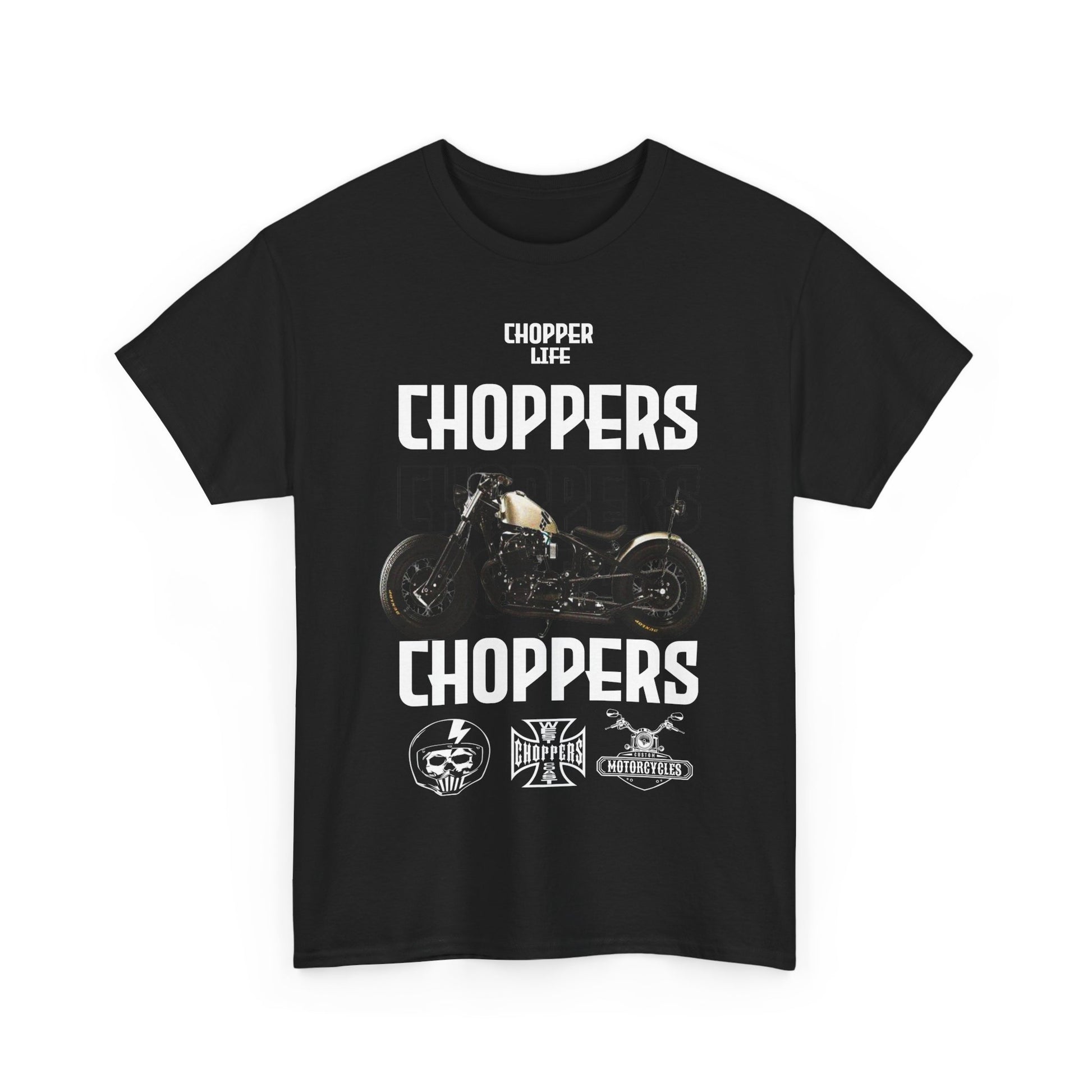 Front view of a striking black men's T-shirt featuring a bold 'CHOPPERS' graphic design, complete with a chopper motorcycle illustration and stylish typography.