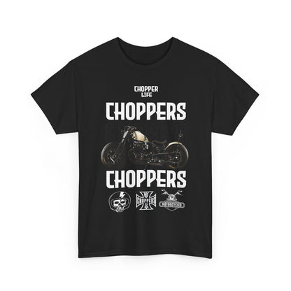 Stylish black men's T-shirt with 'CHOPPERS' graphic design, featuring a chic motorcycle illustration and bold lettering, perfect for fashion-forward bikers.