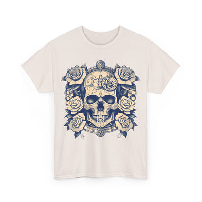 Skulls and Roses Cotton Tee front view, showcasing a luxurious unisex graphic shirt with intricately designed skull and rose artwork.