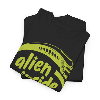 Alien Inside Intel Parody Unisex Men’s Women’s Graphic T-Shirt stacked display, showcasing the unique lime green design that combines humour and comfort on premium black cotton.
