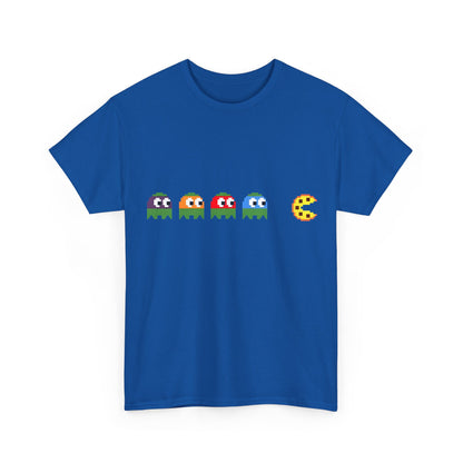 Front view of the premium Teenage Mutant Ninja Turtles Pizza Pacman Tee Shirt showcasing vibrant pixelated characters and pizza design in striking blue.
