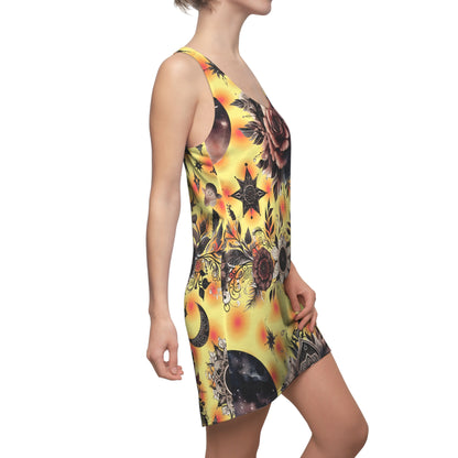 Chic Women's Designer Racerback Dress displayed on a model, featuring an exquisite design with floral and celestial elements, ideal for summer elegance.