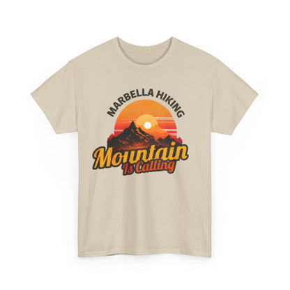 Marbella Hiking Club Unisex Graphic T-Shirt in a stylish beige shade, adorned with a visually stunning mountain design, perfect for outdoor lovers.