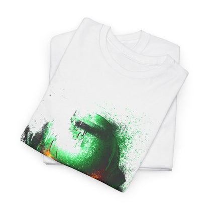 Elegant white t-shirt folded neatly, illustrating a captivating green helmet design adorned with fiery orange eyes, perfect for a sophisticated yet playful wardrobe.