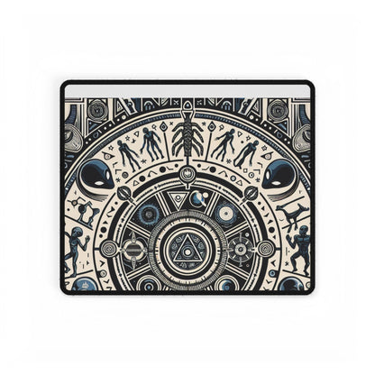 Detail of the Cosmic Hieroglyphic Tranquility Mat featuring intricate cosmic designs and alien imagery, perfect for a sophisticated desk environment.