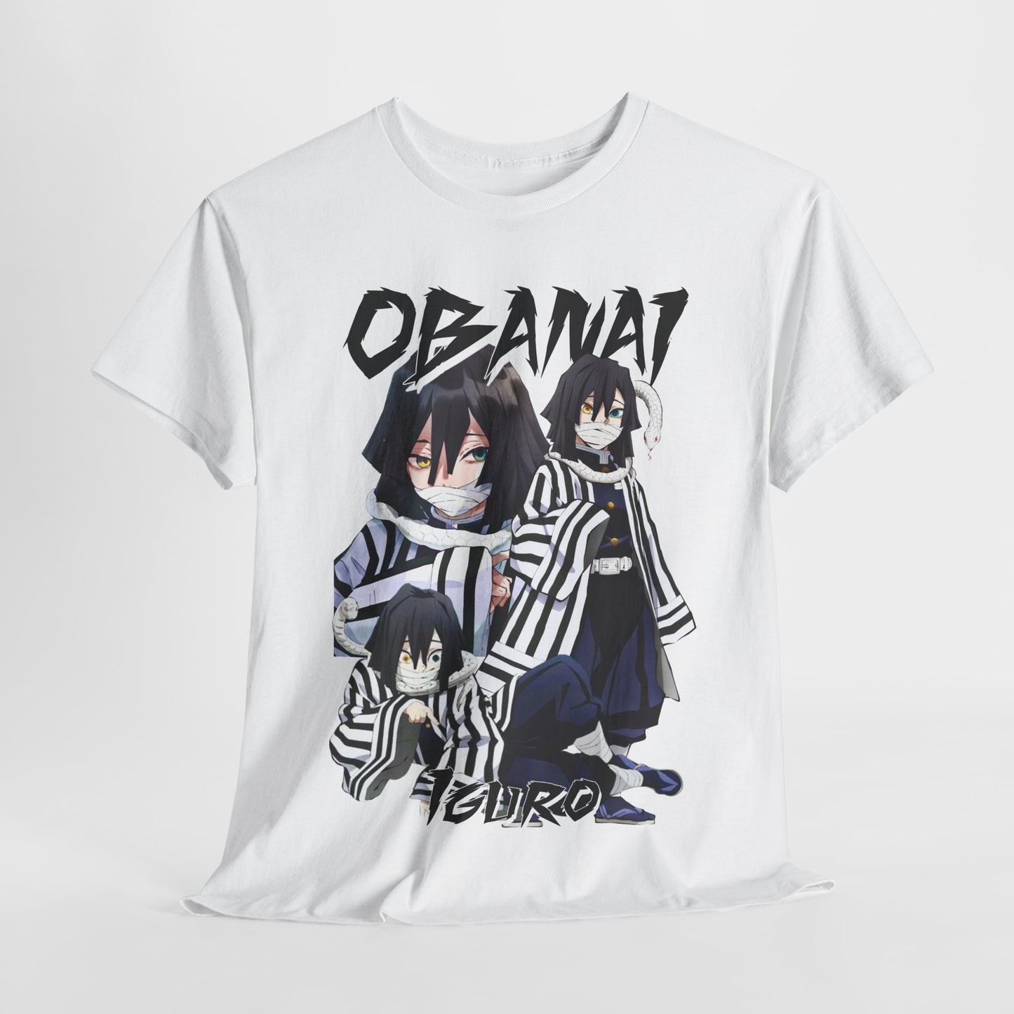 Luxury Obanai Iguro T-shirt featuring a stylized graphic design showcasing the iconic character from the anime series. The shirt is made of premium quality fabric, perfect for anime enthusiasts looking to elevate their streetwear style.
