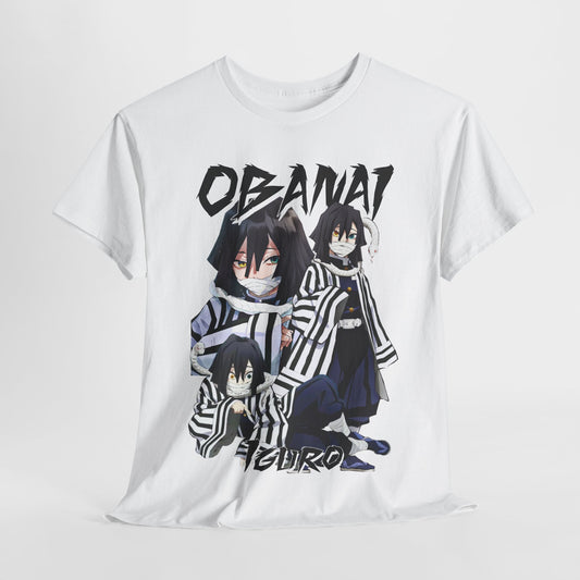 Luxury Obanai Iguro T-shirt featuring a stylized graphic design showcasing the iconic character from the anime series. The shirt is made of premium quality fabric, perfect for anime enthusiasts looking to elevate their streetwear style.