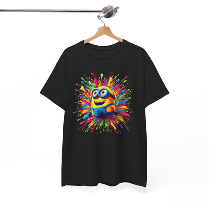 Funny T-Shirt Men's Minion Paint Splash Graphic Tee displayed on a hanger, illustrating a joyful Minion with colourful splashes in the background, suitable for Minion fans. T Shirt, Funny, Minions.