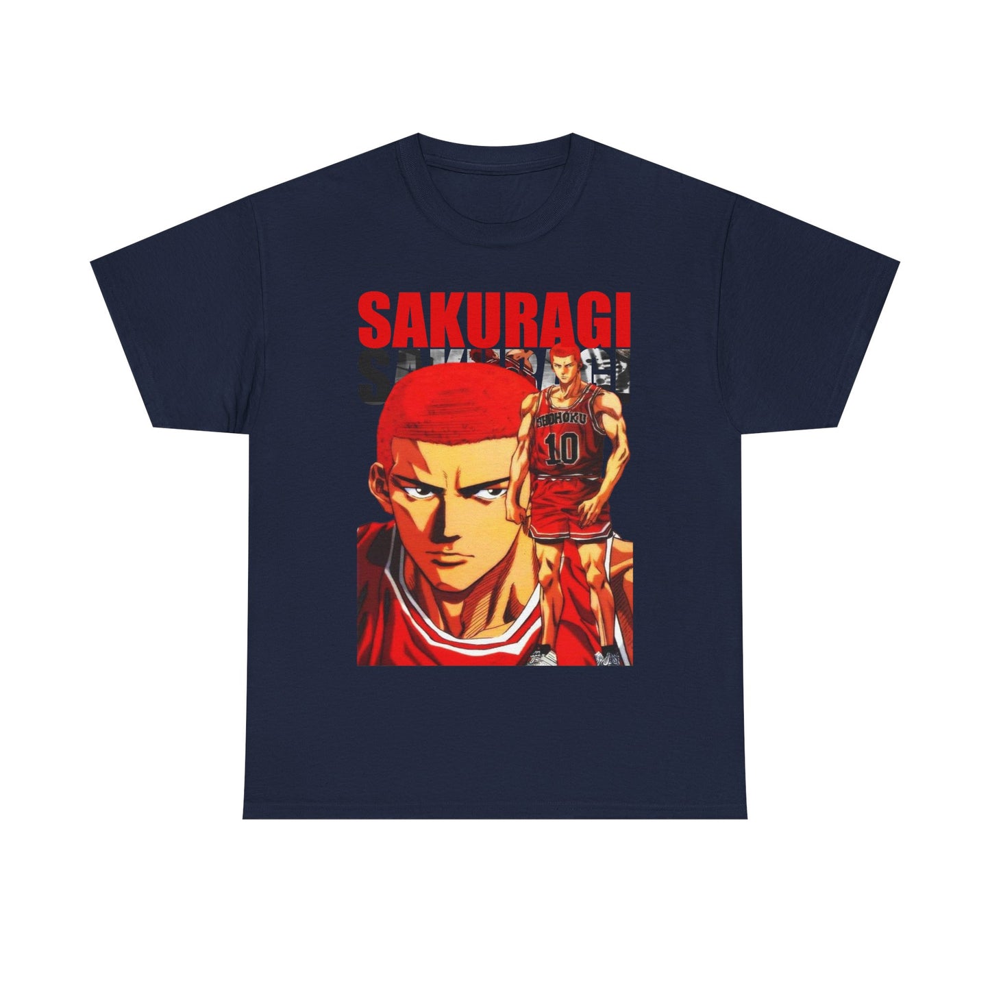 Luxurious navy blue anime t-shirt featuring a striking illustration of Sakuragi from Slam Dunk, showcasing vibrant reds and a fashionable silhouette.