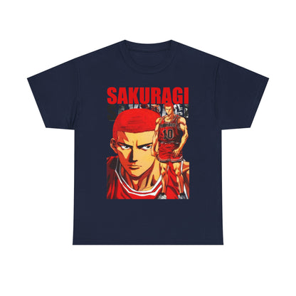 Luxurious navy blue anime t-shirt featuring a striking illustration of Sakuragi from Slam Dunk, showcasing vibrant reds and a fashionable silhouette.