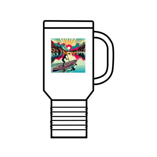 Luxury Fantasy Paddleboarding 40oz Insulated Travel Mug featuring a vibrant design of paddleboarding against a mystical sunset backdrop, showcasing premium stainless steel construction.