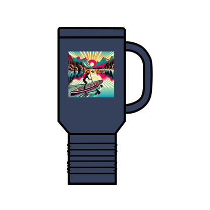 Luxury Fantasy Paddleboarding 40oz Insulated Travel Mug in navy blue showcasing a vibrant paddleboarding scene at sunset, perfect for stylish hydration.
