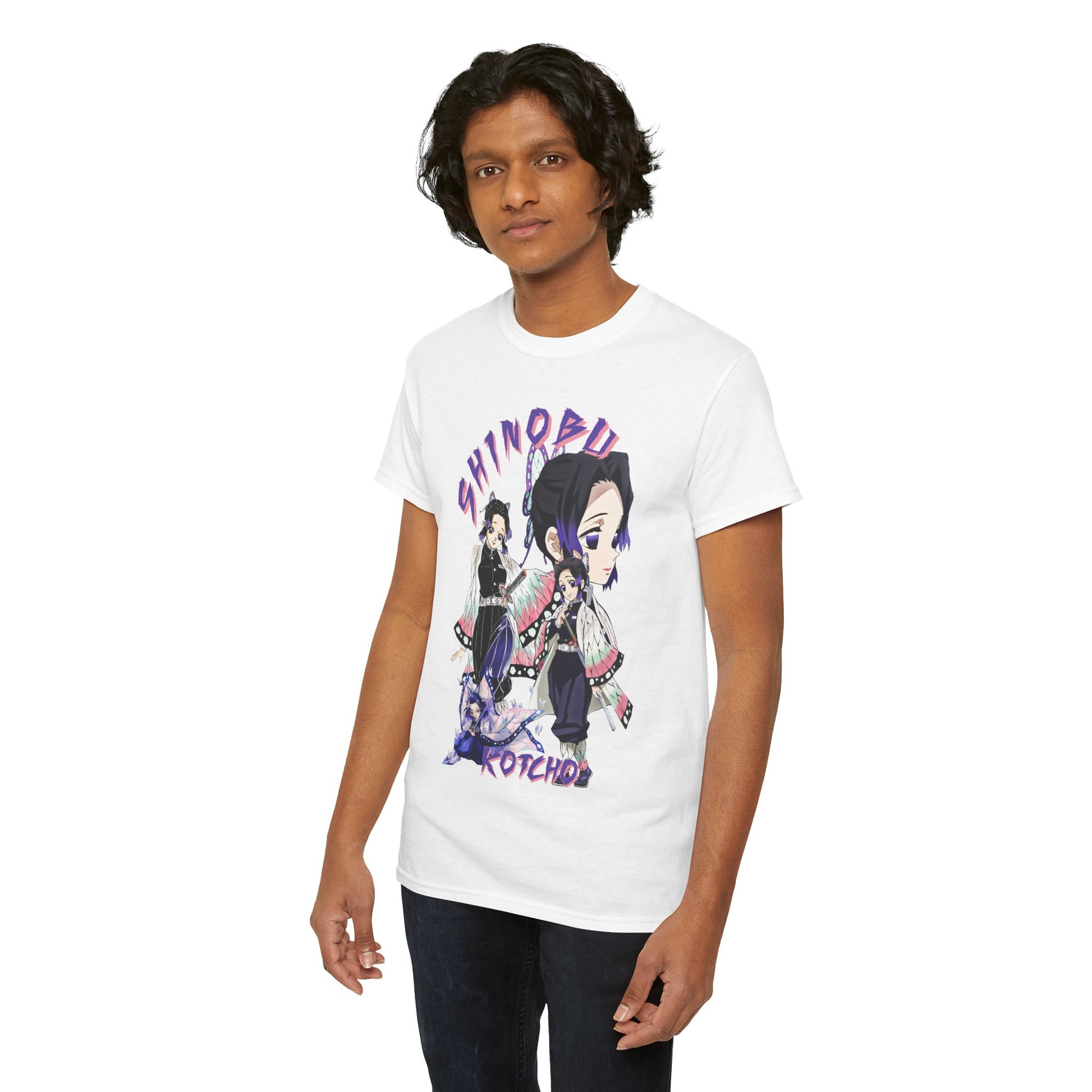 A stylish male model donning a white T-shirt with a striking graphic of Shinobu Kocho from Demon Slayer, presenting an elegant blend of anime artistry and contemporary fashion.