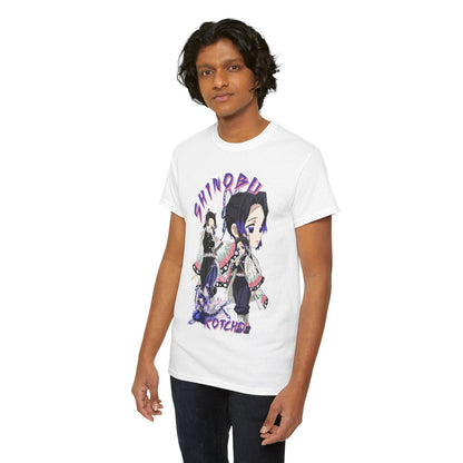 A stylish male model donning a white T-shirt with a striking graphic of Shinobu Kocho from Demon Slayer, presenting an elegant blend of anime artistry and contemporary fashion.